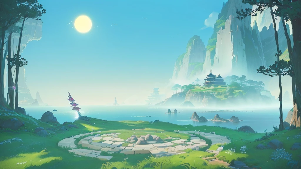 There is a landscape painting，There is a round stone in the painting, Island Background, background technology, background technologywork, Game Background, mobile Game Background, Avatar Landscape, Onmyoji detailed art, zen Temple Background, Cora Legend setting, Temple Background, Detailed scenery —width 672, odin's stone Arena Background, Arena Background, 2D Game Art Background