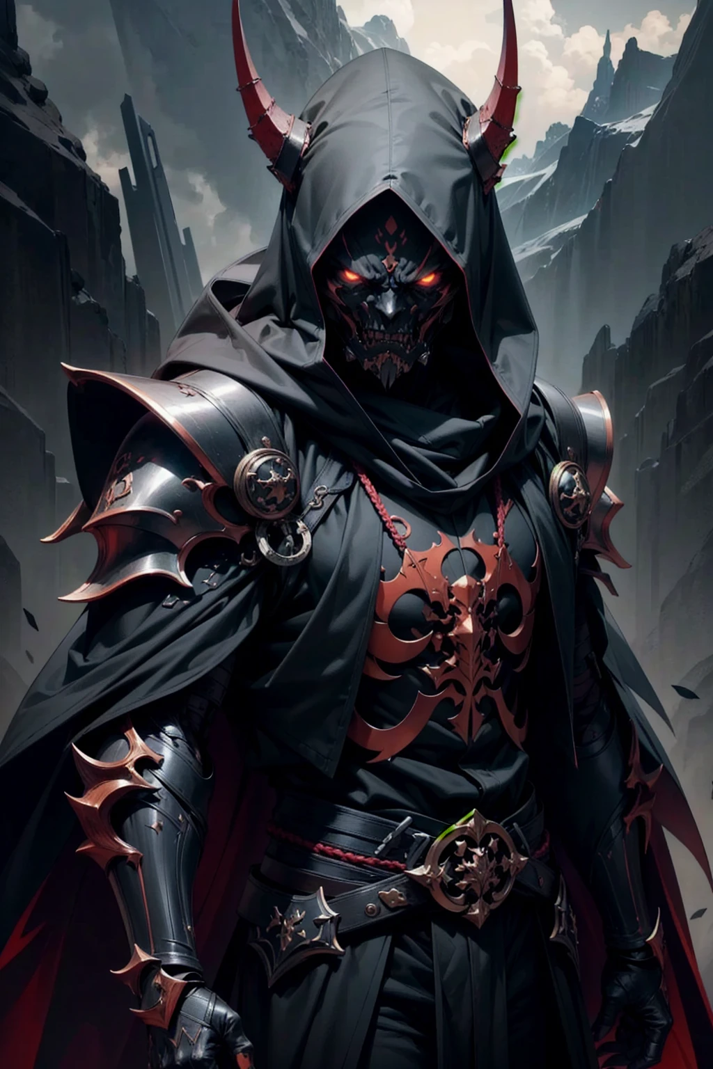best qualityer, 4K, high resolution, work of art:1.2, ultra detali, realisitic:1.37, black art, portraits, mysterious atmosphere, mysterious lighting, Um homem de fully body, terrifying presence, imposing presence, ominous evening, saos no céu sombrio, menacing armor, um sao negra no peitoral, fully body, dark expression, sinister eyes, two twisted horns, razor-sharp claws, sinister priest's cloak, dark clouds, creepy shadows, light circuits in the armature, intense battle scene, dramatic composition, simple just a mask with a dragon mouth, de corpo todo, from head to toe, male Assassin ninja, dragon slayer, manoplas com razor-sharp claws sinistras metálicas, Cyberpunk mask with dragon mouth, fully hooded, no ears, chest and arms armor, sao, ((very dark eyes)), Face half covered, blond, em pé de fully body na imagem, uma sao negra com centelhas de luz suaves no peitoral, helmet with a very detailed draconic appearance, Eyes red, imposing and domineering black dragon in the background