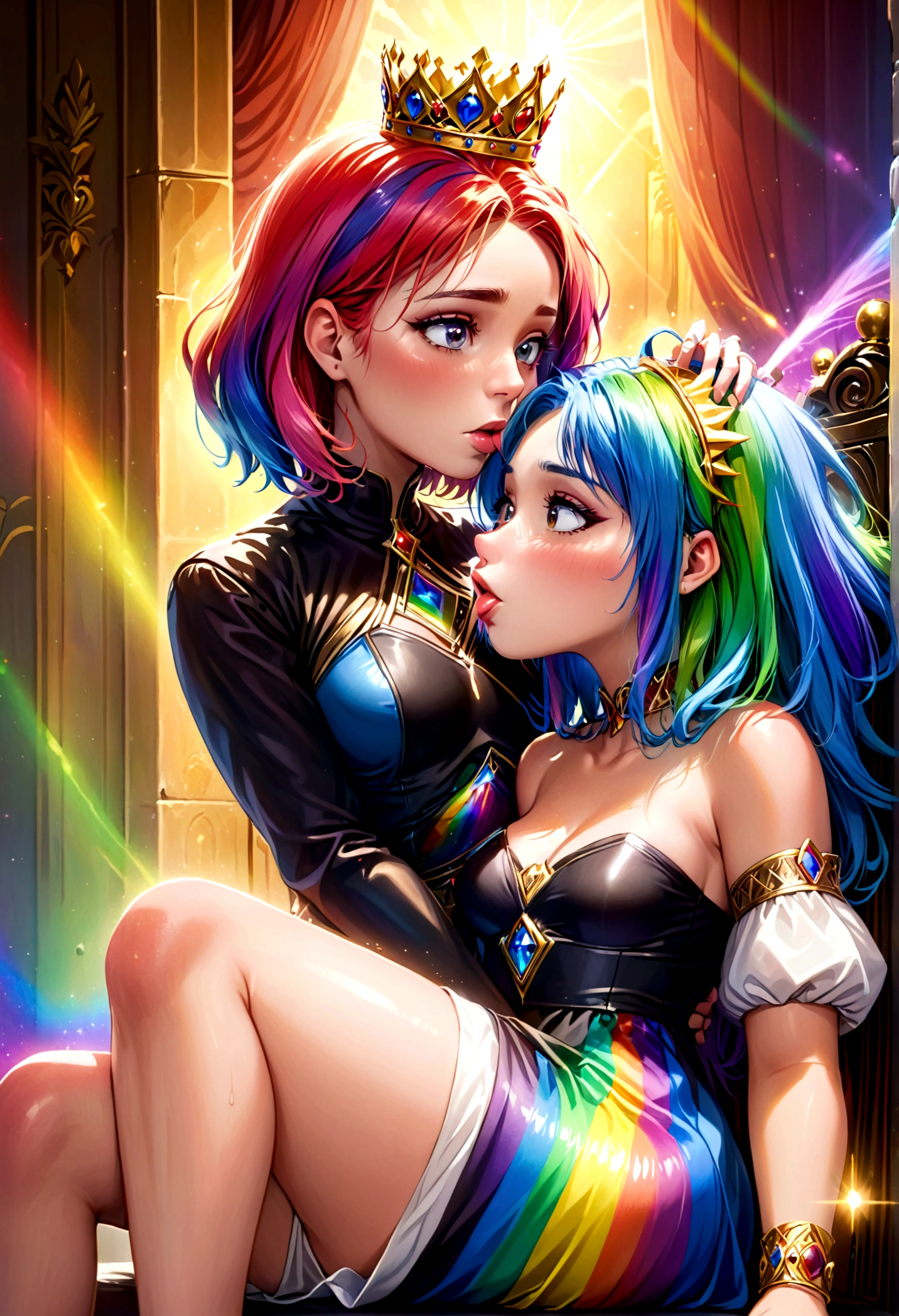 a 25 year old woman with rainbow hair and crown, wearing an intricate regal rainbow dress, sitting on a throne, with rainbows and kissing men painted on the wall behind her, detailed portrait, highly detailed, 4k, photorealistic, masterpiece, ultra-detailed, realistic, vivid colors, cinematic lighting, fantasy, digital art