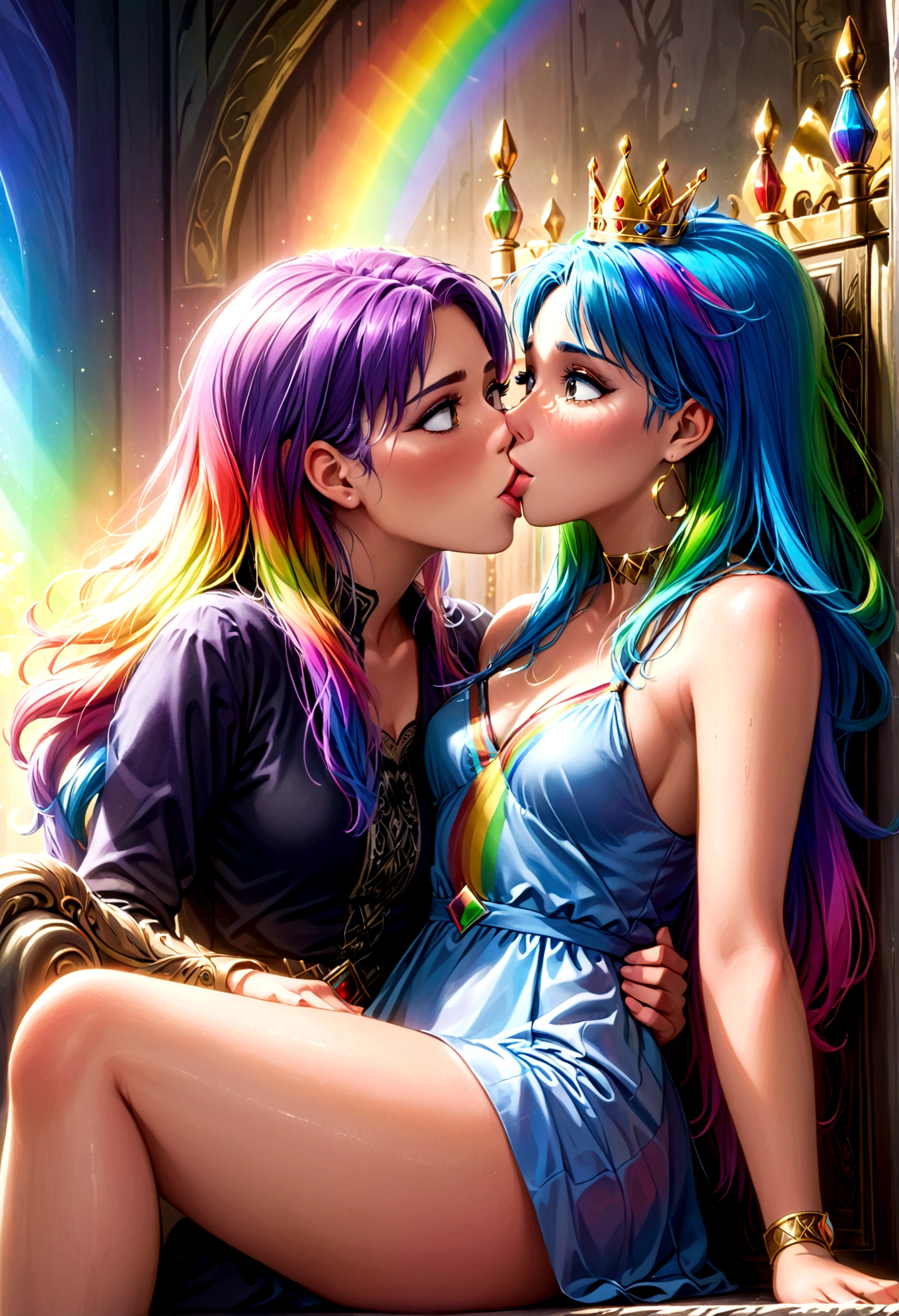 a 25 year old woman with rainbow hair and crown, wearing an intricate regal rainbow dress, sitting on a throne, with rainbows and kissing men painted on the wall behind her, detailed portrait, highly detailed, 4k, photorealistic, masterpiece, ultra-detailed, realistic, vivid colors, cinematic lighting, fantasy, digital art