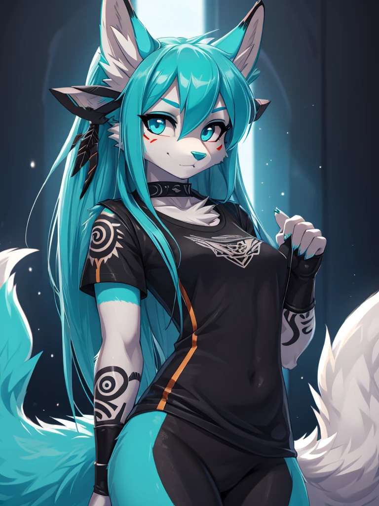 Miku Hatsune, high definition add_detail:1, blue fur,kitsune ears, tribal tattoo add_detail:1 cute high school clothes, pretty girl add_detail:3 18 year old girl, short black lycra, black metal t shirt, flirty look add_detail:3