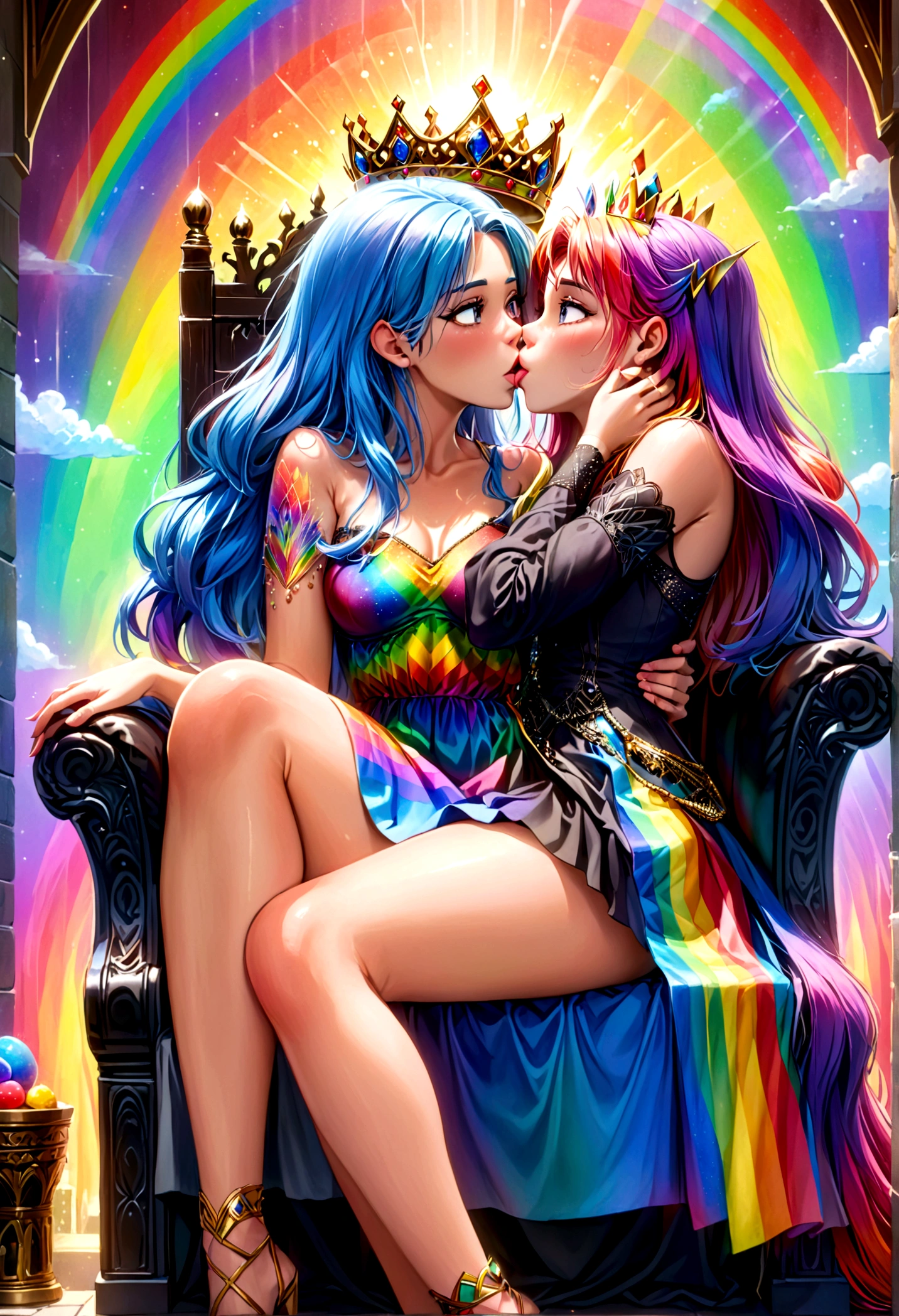 a 25 year old woman with rainbow hair and crown, wearing an intricate regal rainbow dress, sitting on a throne, with rainbows and kissing men painted on the wall behind her, detailed portrait, highly detailed, 4k, photorealistic, masterpiece, ultra-detailed, realistic, vivid colors, cinematic lighting, fantasy, digital art