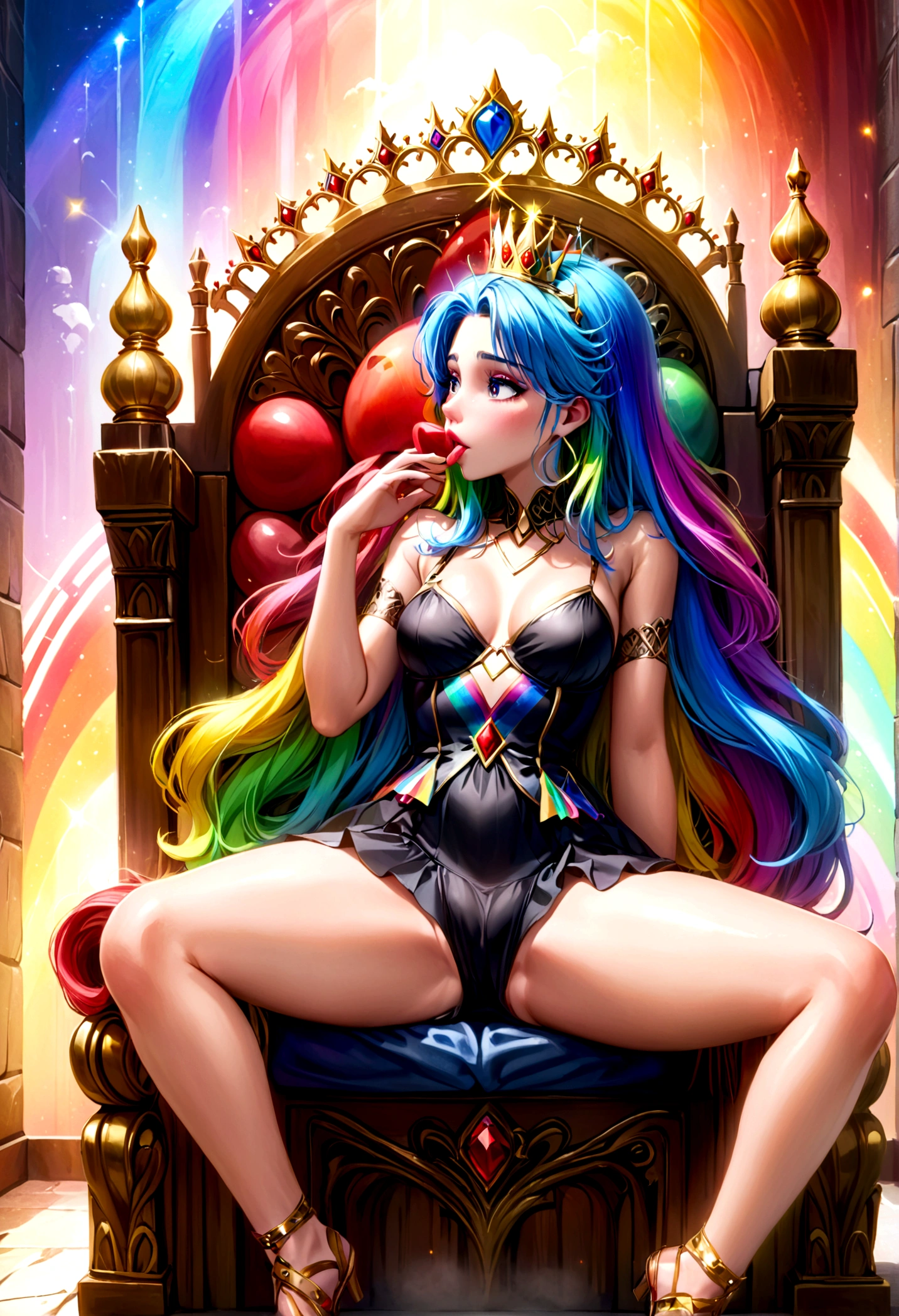 a 25 year old woman with rainbow hair and crown, wearing an intricate regal rainbow dress, sitting on a throne, with rainbows and kissing men painted on the wall behind her, detailed portrait, highly detailed, 4k, photorealistic, masterpiece, ultra-detailed, realistic, vivid colors, cinematic lighting, fantasy, digital art