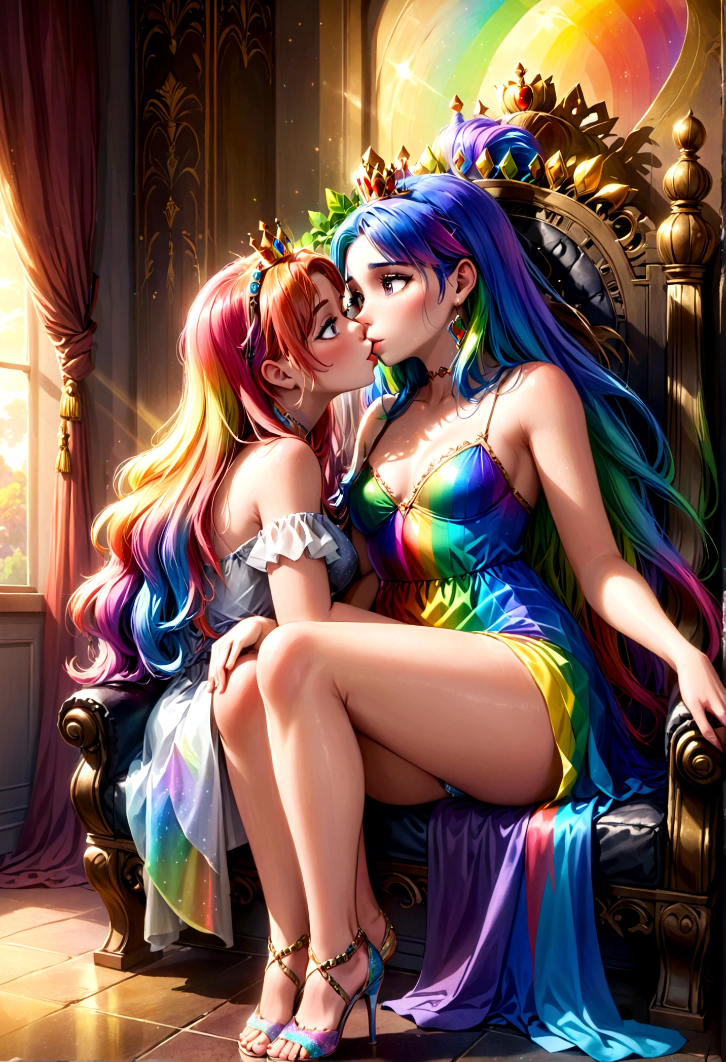 a 25 year old woman with rainbow hair and crown, wearing an intricate regal rainbow dress, sitting on a throne, with rainbows and kissing men painted on the wall behind her, detailed portrait, highly detailed, 4k, photorealistic, masterpiece, ultra-detailed, realistic, vivid colors, cinematic lighting, fantasy, digital art