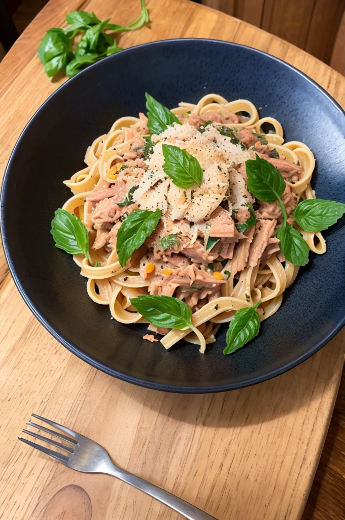 Pasta, shredded tuna, hijiki, and shiso leaves