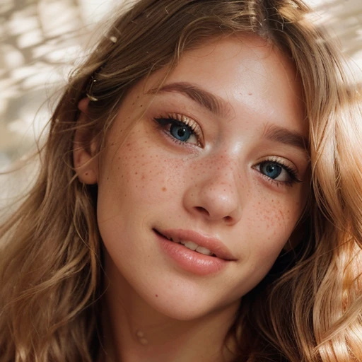 Create a hyper-realistic image of a woman with long wavy blonde hair that cascades over her face, highlighting one eye. Her eye should be a vivid grey eyes, grey eyes with incredible smile, flirty smile,The skin should be fair with a natural abundance of freckles across the nose and cheeks, and her lips should have a soft pink color, with a gentle and subtle expression. Collarbone visible,The image should be a close-up portrait that captures the fine details of her freckles and the individual eyelashes, with a shallow depth of field that blurs the background,The lighting should accentuate the texture of her hair and the sparkle in her eye, evoking a sense of depth and character.
Suggested film stock: Fujifilm Neopan Acros for its fine grain and sharpness
