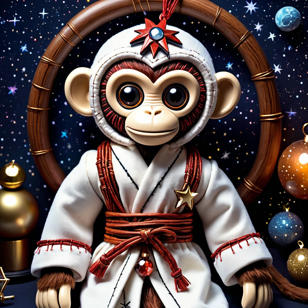 (knitted toy voodoo doll:1.9), (Voodoo Monkey:1.8), (Clothing: celestial robes with star patterns:1.0), (Accessories: crystal orb, star chart, glowing amulet:1.2), (Background: night sky observatory with twinkling stars and glowing constellations:1.2), (full body:1.0), best quality, masterpiece, detailed soft oil painting, detailed background, dramatic cinematic lighting, soft edge lighting, professional, dramatic lighting, hard edge lighting, ultra quality, 4k, masterpiece, best quality, 8k, ultra high definition, high resolution, extremely detailed