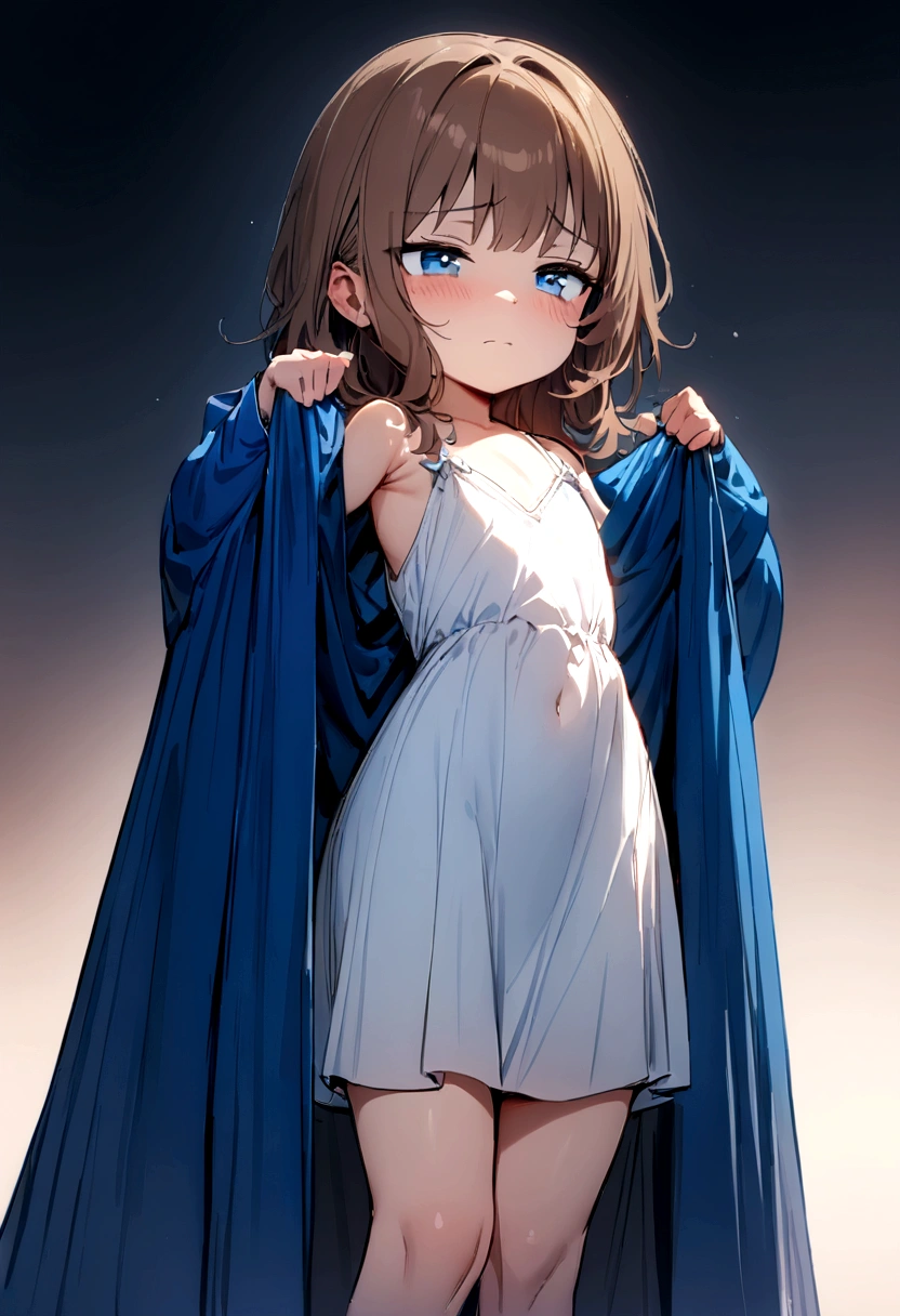 ((Masterpiece)), (((best quality))), hips wide open, ((blue colour eyes)), (((long brown hair))), ((shot White dress)), (()), (Tired face), (cute), ((blue silk robe))