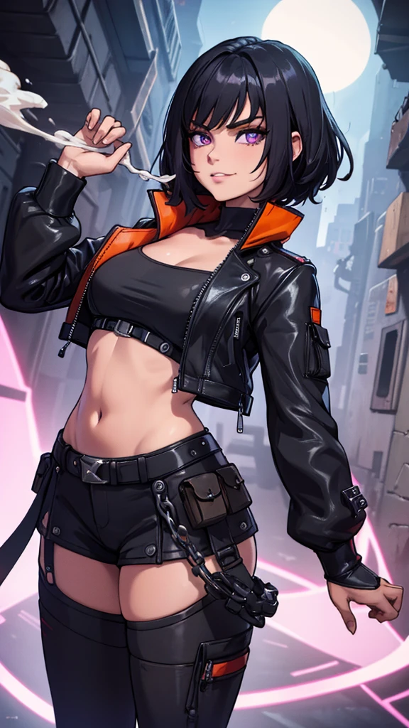 young girl, short black hair, violet eyes, smirk, Black leather jacket with spikes, open belly, breeches, Chains on clothes, scar on face, cigarette, Smoke, hiquality, 4k, HD, Good detail