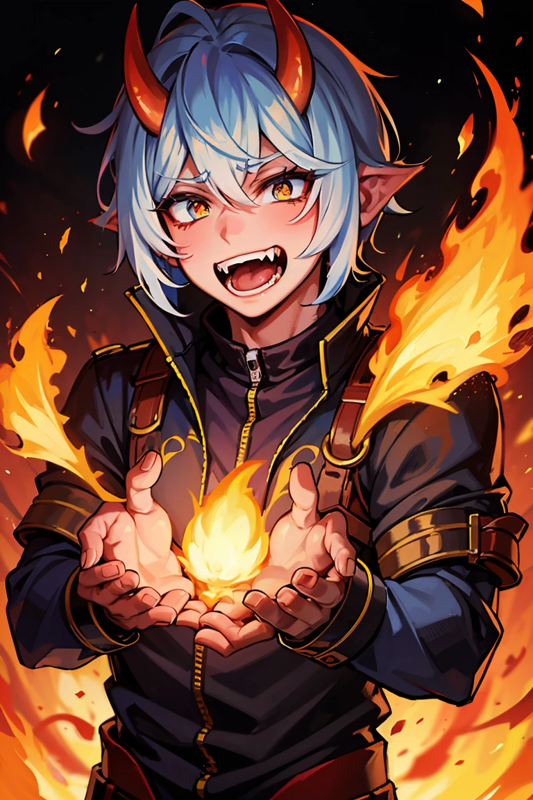 Demon race man, reddish skin, gold eyes, cat eyes, white horns, teeth and fangs. Fire behind him, ((IT IS BLUE)) SHOW HIS HANDS!