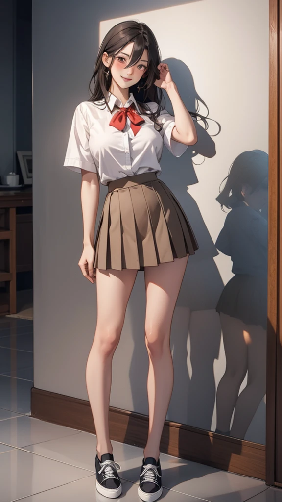 1 girl, Bare legs, black hair, Blush, bow, bowtie, gag, collared shirt, dress shirt, flashing, white shirt, hair between the eyes, In the building,Standing in a cute pose,full body, lips, long hair, look at viewer, miniskirt, pleated skirt, red ribbon, reflection, , Shiny skin, shirt, short sleeve, sit, skirt, big breasts, smile, canvas shoes, alone, light brown eyes, Masterpiece, best quality, height, official art, Very detailed CG unity 8k wallpaper.
