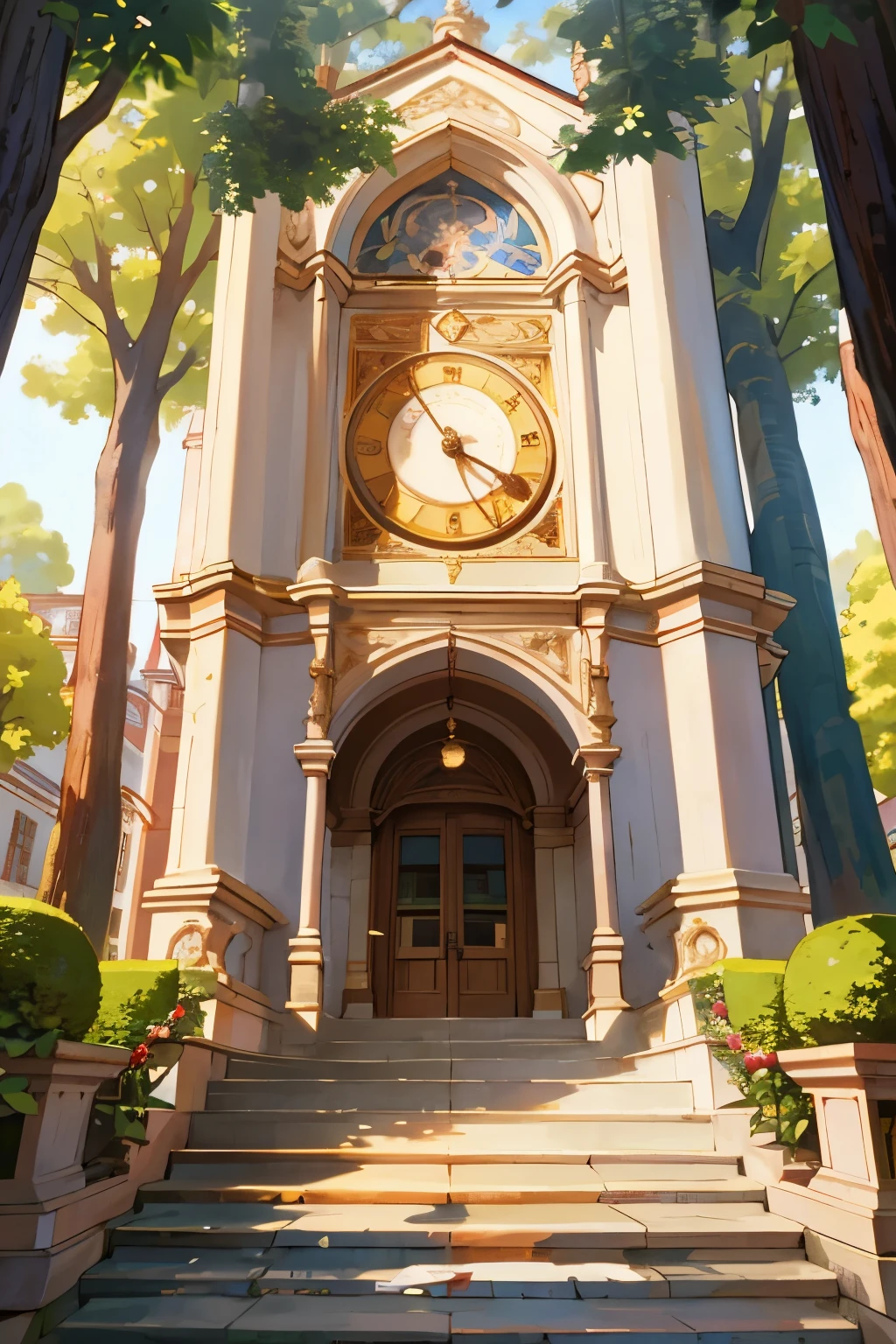 A cozy, idyllic town square brims with life, boasting a grand, ivy-kissed library at its heart. The stately architecture of the library, with its tall, arched windows and charming, dusty-rose roof, is a focal point of the square. Benches surrounding the library invite passersby to linger, opening pages of their beloved books under the dappled shade of ancient trees. A clock tower, adorned with intricate, golden carvings, stands tall on one side of the square, its melodic chime signaling the passage of time. The square itself is a vibrant tapestry of color from a myriad of flowers strewn