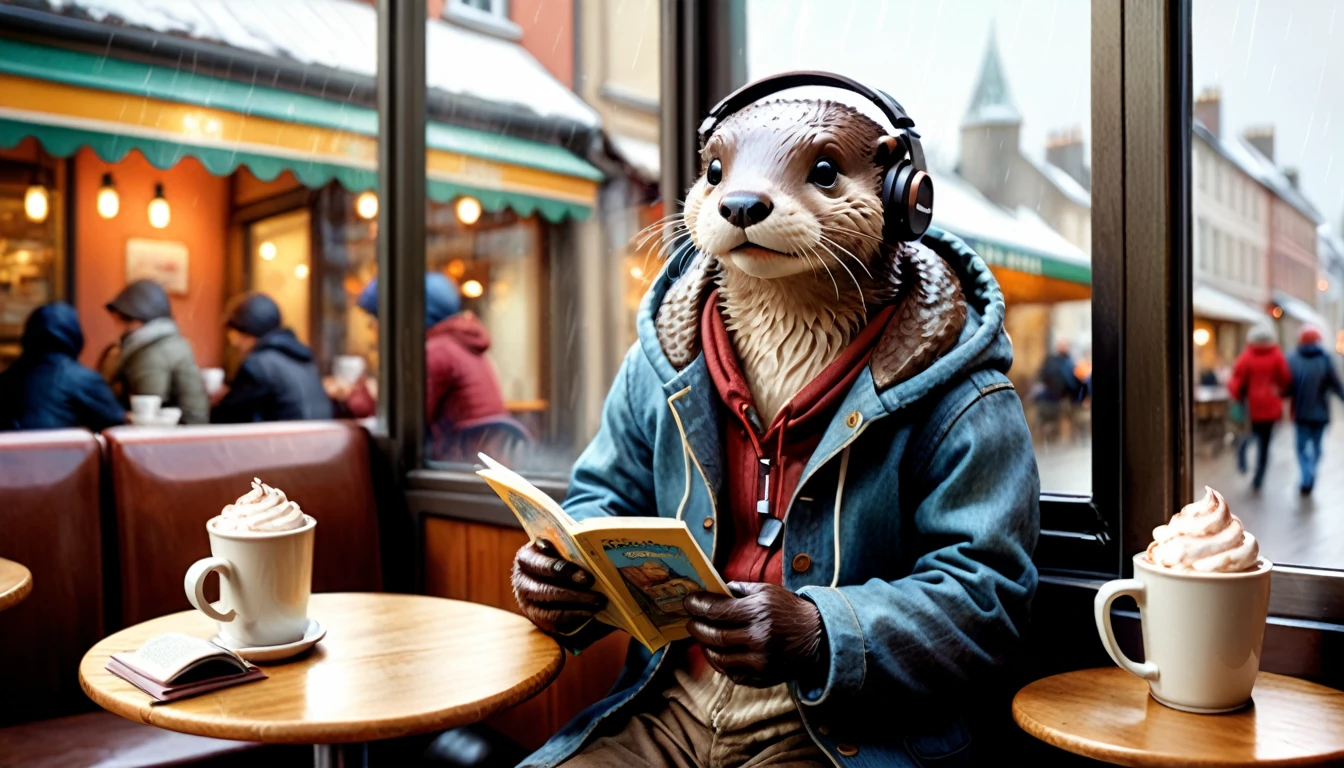 (photography film style), (((raining))), anthropomorphic, cute young otter, casually dressed, sitting by a window in a cafe, drinking hot chocolate, listening to music on headphones, (reading a book), 2D, colorful, warm atmosphere, glossy, Jean-Baptiste e style, Alan Lee style