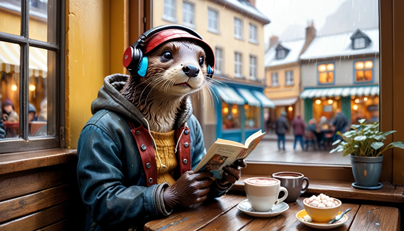 (photography film style), (((raining))), anthropomorphic, cute young otter, casually dressed, sitting by a window in a cafe, drinking hot chocolate, listening to music on headphones, (reading a book), 2D, colorful, warm atmosphere, glossy, Jean-Baptiste Monge style, Alan Lee style