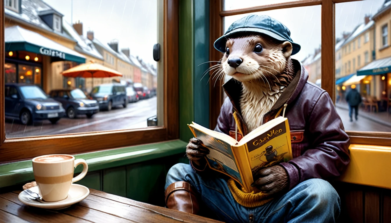 (photography film style), (((raining))), anthropomorphic, cute young otter, casually dressed, sitting by a window in a cafe, drinking hot chocolate, listening to music on headphones, (reading a book), 2D, colorful, warm atmosphere, glossy, Jean-Baptiste Monge style, Alan Lee style