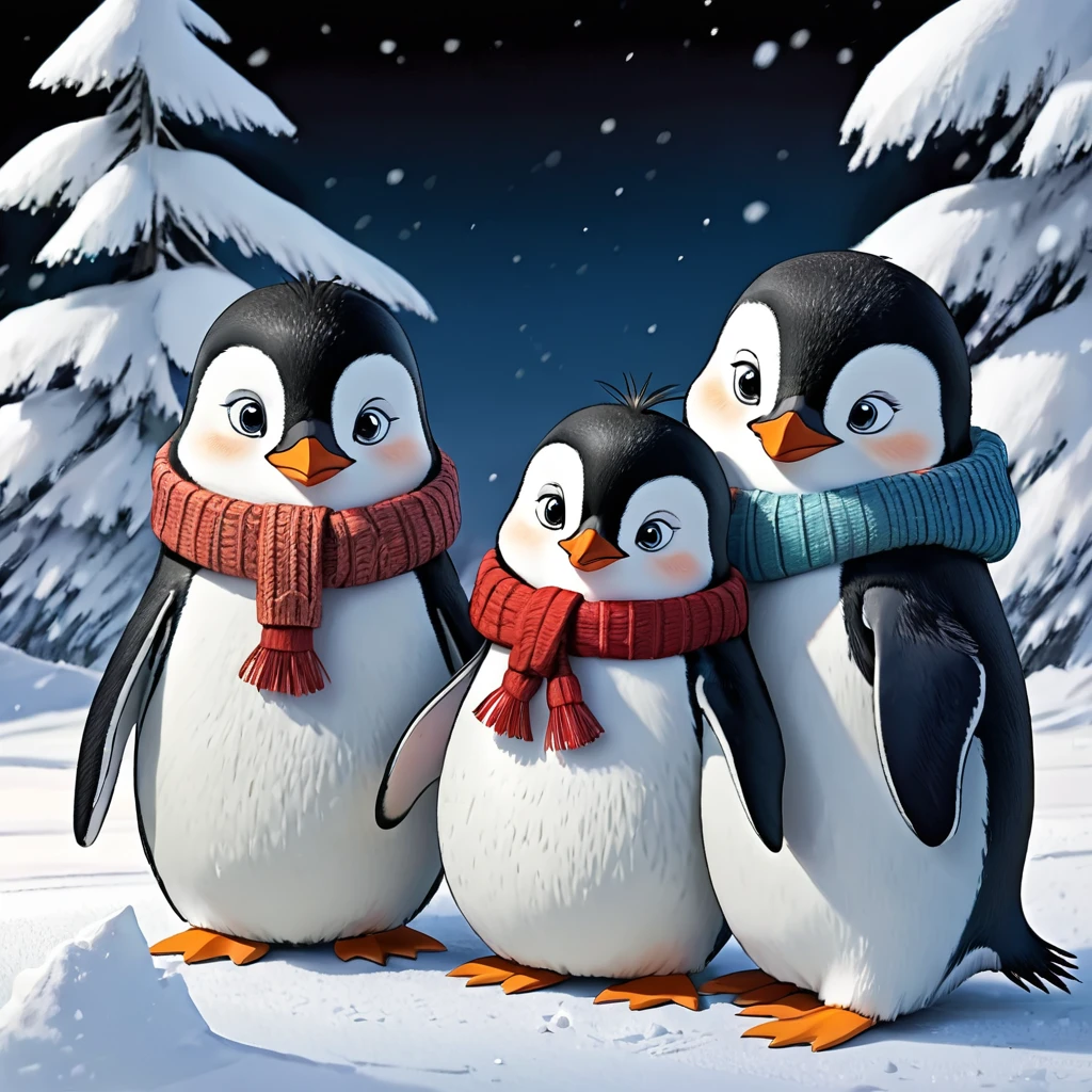  The three penguin children Fridolin, Fips and Frieda, They looked for a nice, flat place and started, to roll large snowballs.