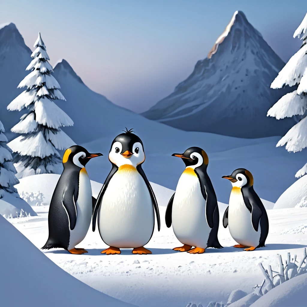 The three penguin children Fridolin, Fips and Frieda, They looked for a nice, flat place and started, to roll large snowballs.