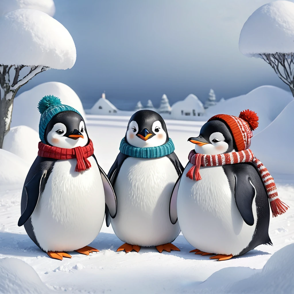 The three penguin children Fridolin, Fips and Frieda, They looked for a nice, flat place and started, to roll large snowballs.