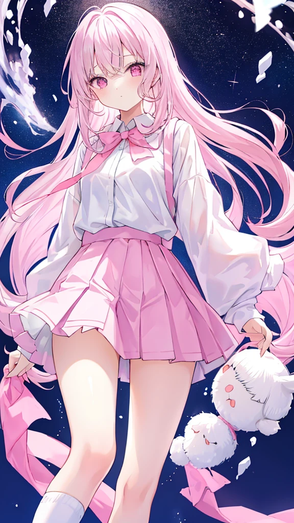 1 girl, pastel color, white long straight hair, straight bangs, wearing white pink seifukuu, wearing pink skirt, long white socks, cool pose, perfect lighting, pink ribbon on her hair.