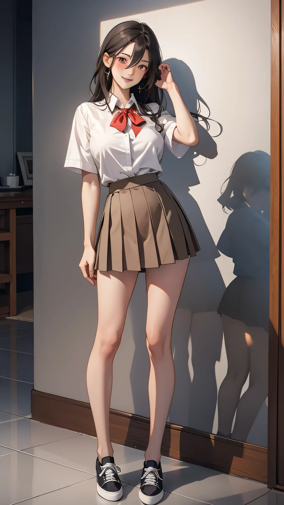 1 girl, Bare legs, black hair, Blush, bow, bowtie, gag, collared shirt, dress shirt, flashing, white shirt, hair between the eyes, In the building,Standing in a cute pose,full body, lips, long hair, look at viewer, miniskirt, pleated skirt, red ribbon, reflection, , Shiny skin, shirt, short sleeve, sit, skirt, big breasts, smile, canvas shoes, alone, light brown eyes, Masterpiece, best quality, height, official art, Very detailed CG unity 8k wallpaper.