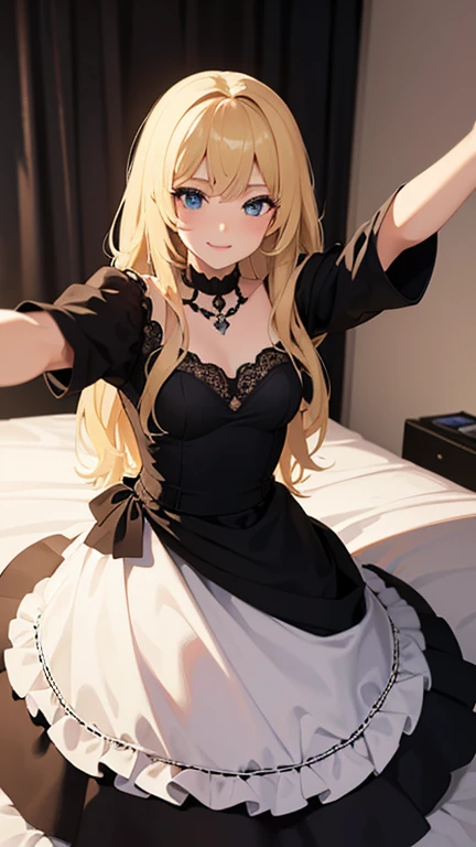 High quality, A super realistic blond girl in a fancy black dress, make her beautiful, beautiful blond hair, cute smile, she’s in her bed in a Super realistic bedroom, make the image look like the girl took a selfie, make the bedroom realistic and cozy with cute decoration and some realistic plant