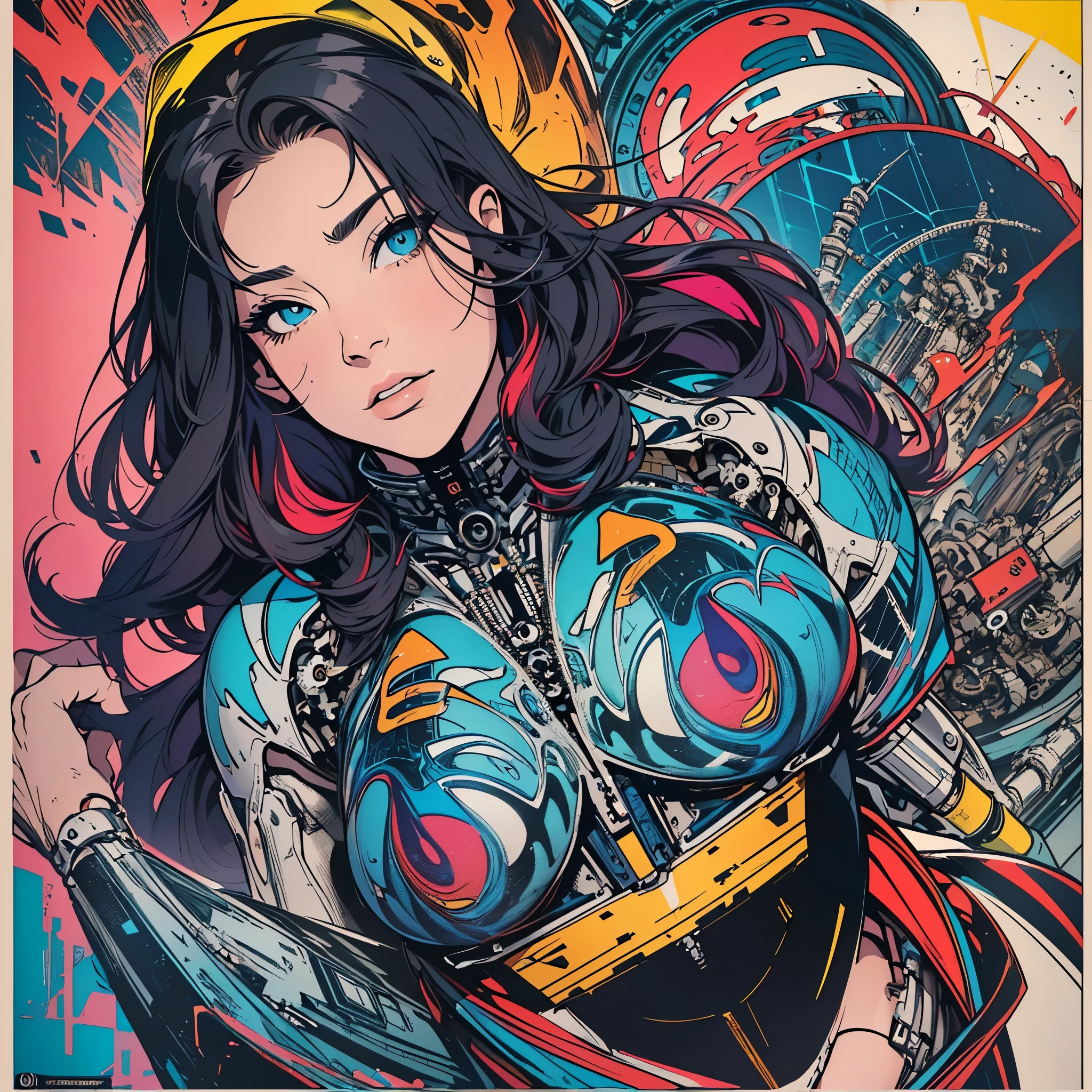 (((ultimate best quality))),((((solo:1.2)))),((((1girl:1.2)))),((((beautiful perfect woman)))),(((detailed perfect body, detailed perfect finger))),((((((ultimate movie poster)))))),(((bust up, close up))),((((detailed complicated machine)))),(((((genius mechanical))))),(((American comics))),(((extreme highlights))),(((Extremely colorful, primary colors))),cleavage,(super beautiful lady),(((typography))),(((various angles)))