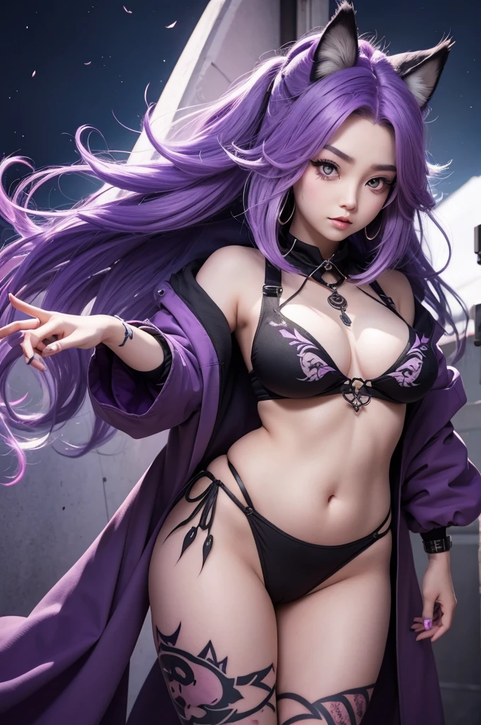 Cranes animated character half purple hair , chubby girl with wolf tattoo on her forearm