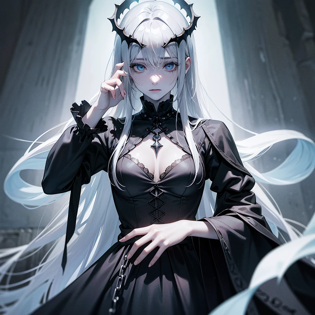 Create an image of a ghostly and ghostly looking creature.. Her skin is pale, almost translucent. His eyes glow with a bluish light, and he wears dark, Torn clothes, that floats around him, as if permeated with a halo of mourning. Its appearance is complemented by such details, like chains., symbols of mourning, and Gothic elements, further emphasizing its dark air. He is depicted as a haunted and tormented creature..