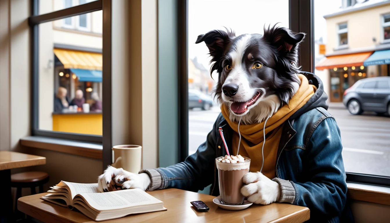(photography film style), (((raining))), anthropomorphic, cute young border collie, casually dressed, sitting by a window in a cafe, drinking hot chocolate, listening to music on headphones, (reading a book), 2D, colorful, warm atmosphere, shiny, Jean-Baptiste Monge style, Alan Lee style
