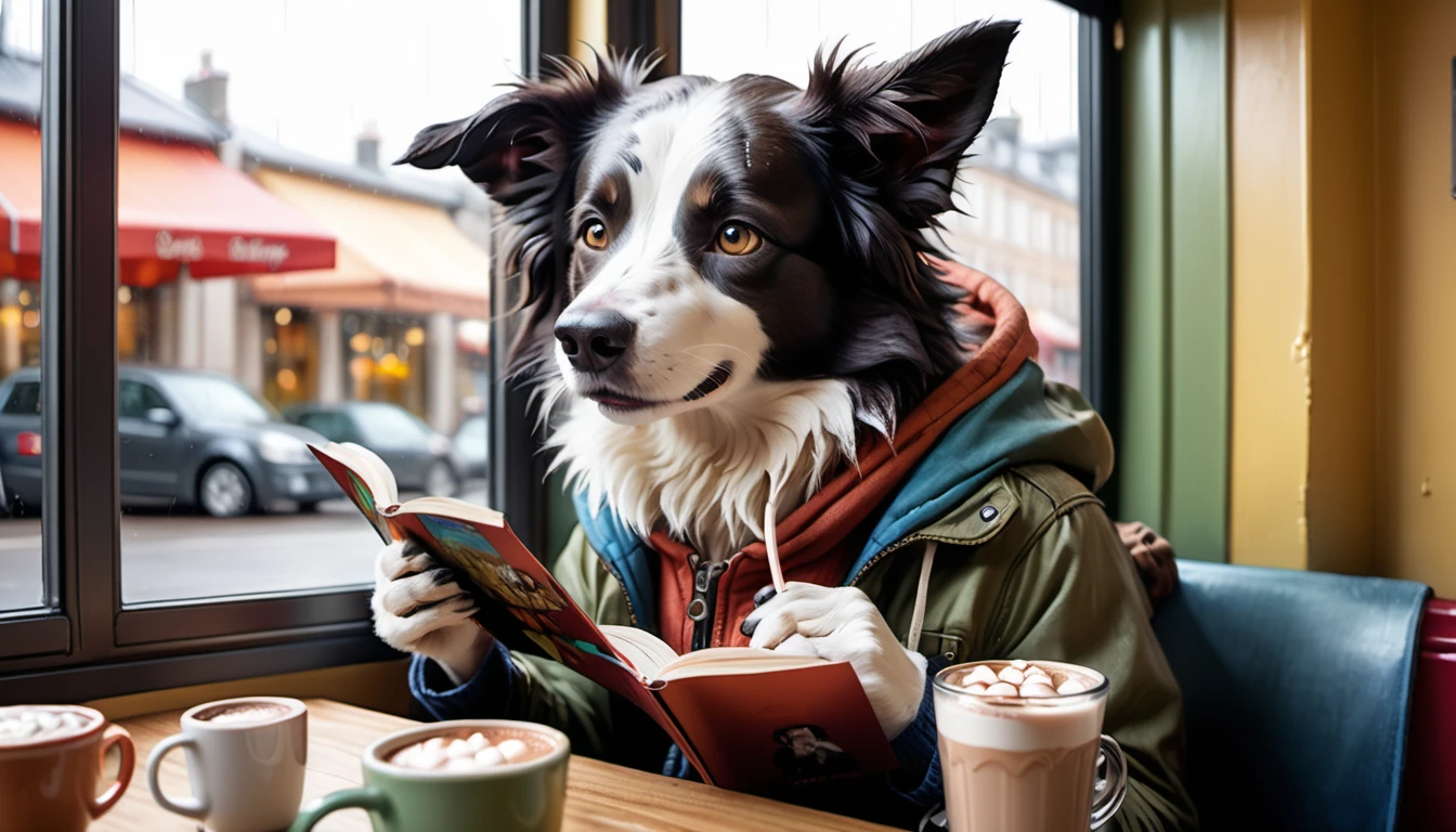 (photography film style), (((raining))), anthropomorphic, cute young border collie, casually dressed, sitting by a window in a cafe, drinking hot chocolate, listening to music on headphones, (reading a book), 2D, colorful, warm atmosphere, shiny, Jean-Baptiste Monge style, Alan Lee style