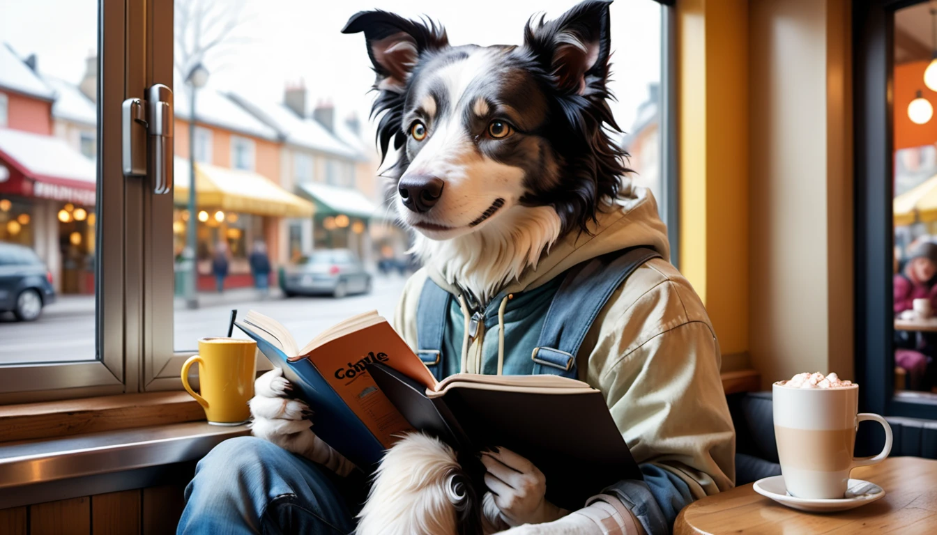 (photography film style), (((raining))), anthropomorphic, cute young border collie, casually dressed, sitting by a window in a cafe, drinking hot chocolate, listening to music on headphones, (reading a book), 2D, colorful, warm atmosphere, shiny, Jean-Baptiste Monge style, Alan Lee style