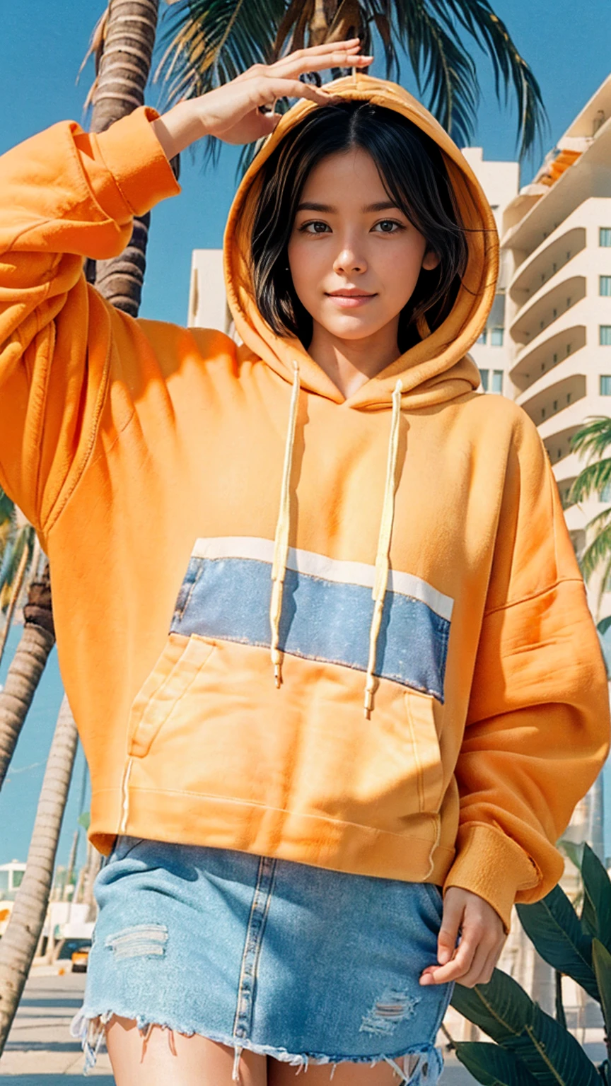 ((long shot photography)) ((best quality)), ((masterpiece)), (detailed),upper body,close-up, 8k, RAW photo,1 girl,smilie,real polaroid photo, beautiful, ultra-realistic,detail face ,light leak,dark intens shadow ,(black pixie hair, almond eye, no makeup, (((blank oversized orange hoodie))), yellow color skirt,the scene takes in front Hotel Victor Miami (very detailed:1.1), ((masterpiece)),summer, blue sky, palm trees,sunny,