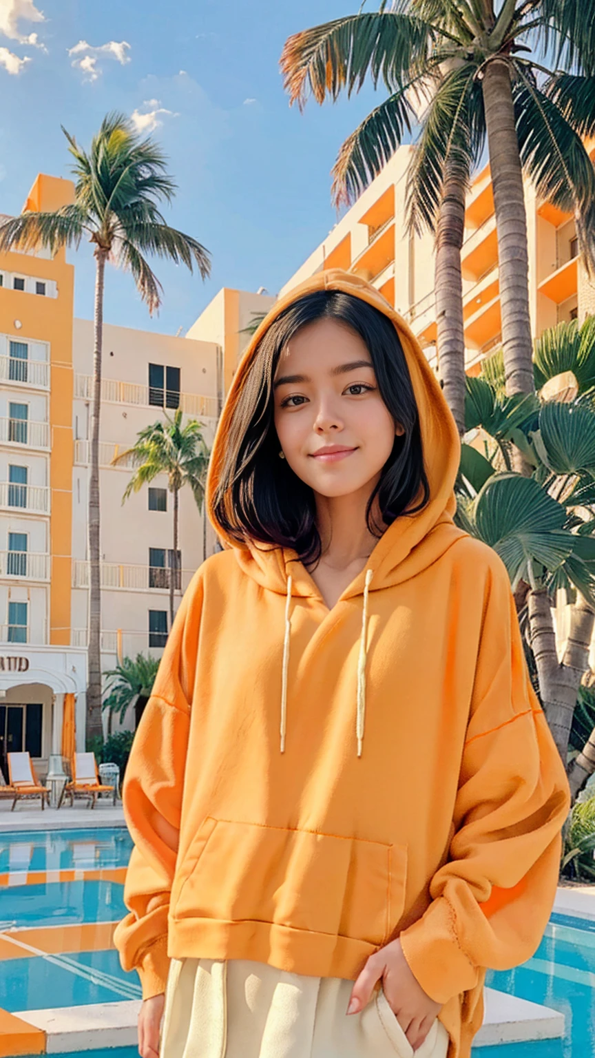 ((long shot photography)) ((best quality)), ((masterpiece)), (detailed),upper body,close-up, 8k, RAW photo,1 girl,smilie,real polaroid photo, beautiful, ultra-realistic,detail face ,light leak,dark intens shadow ,(black pixie hair, almond eye, no makeup, (((blank oversized orange hoodie))), yellow color skirt,the scene takes in front Hotel Victor Miami (very detailed:1.1), ((masterpiece)),summer, blue sky, palm trees,sunny,