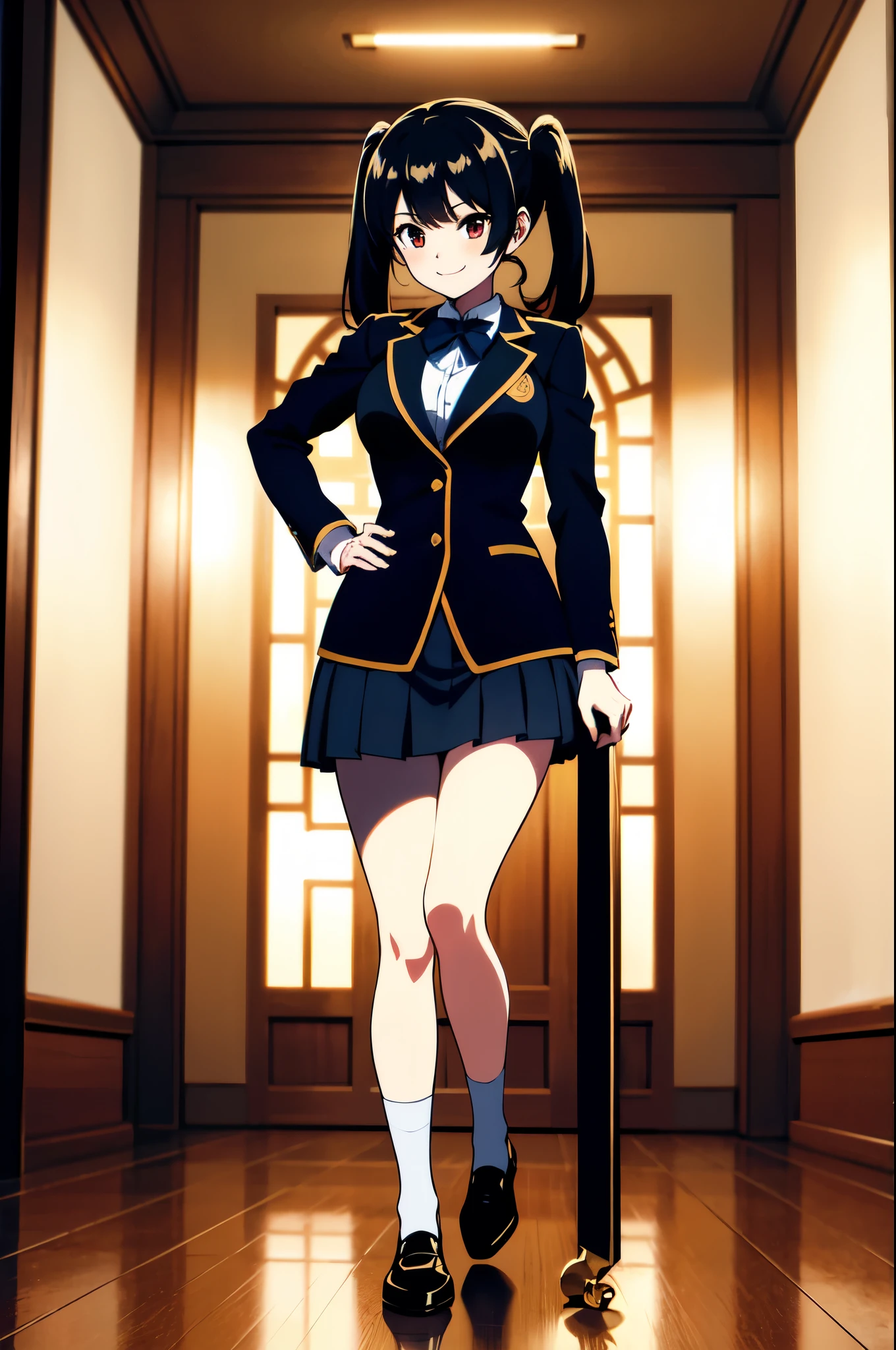 masterpiece, 32k, extremely detailed, finely detail, intricate details,
BREAK
(absurdres:1.1, highres:1.1, ultra detailed:1.1),
insanely detailed, absurdres,
(high resolution:1.1, ray tracing:1.1, refraction:1.1)
(1girl, 独奏:1.3),
BREAK
perfect symmetrical face, smile, high school student, uniform, blazer, Armband, black hair, twintails
BREAK
(((full body))), pose
BREAK