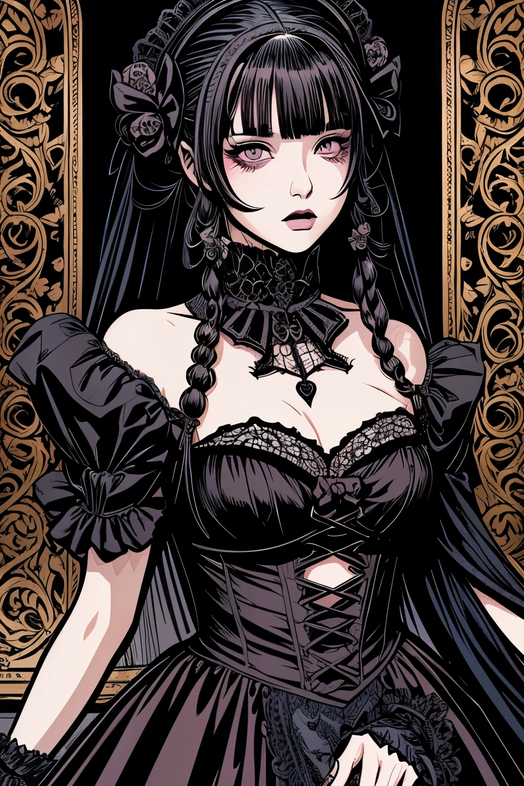 Gothic girl of great beauty sticking out her tongue and showing her fangs,ojos rojos ,pale and young skin,labios negros y carnosos,sonrisa grande y burlona, pendientes de metal en forma de cruz,piercing en las orejas,rosario colgando del cuello,cabello blanco liso y largo haciendo cotraste con su ropa negra y oscura,anillos y pulseras en sus manos,corona de espinas en su cabeza,ojos expresivos y penetrantes,colmillos largos cono una vampireza,gran belleza inalcanzable perfeccion,primer plano de su rostro,super detallado,super realista,alta calidad,alta definicion,detalles intrincados por todos lados, fondo difuminado y en segundo plano
