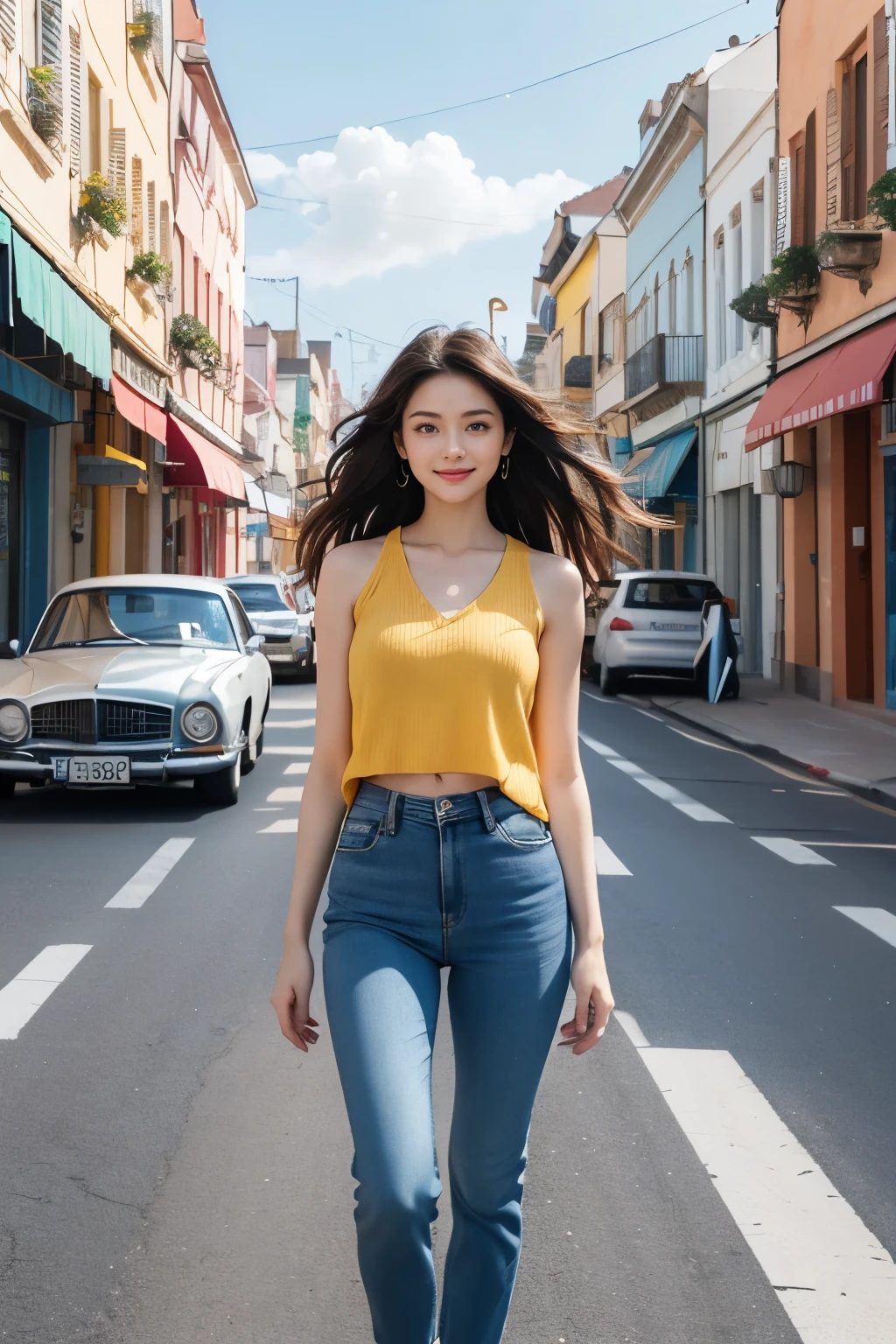 highest quality、8K、Perfect Face、Perfect Style、perfect body、Sunburn、beautiful lady、mature、long curly layer hair、Swept-back hair、full body, sexy 、charming、healthy、
Generate a vibrant and cheerful image of a perfect beautiful woman standing in the middle of a colorful street with pastel-colored houses lining both sides. The sky above is partly cloudy, creating a dynamic backdrop. The woman is wearing a black sleeveless top, a light cardigan, high-waisted light blue jeans, and casual shoes. There are a few cars parked along the street, adding a touch of urban realism. The overall mood should be joyful and lively, capturing the essence of a carefree day out in a picturesque neighborhood.