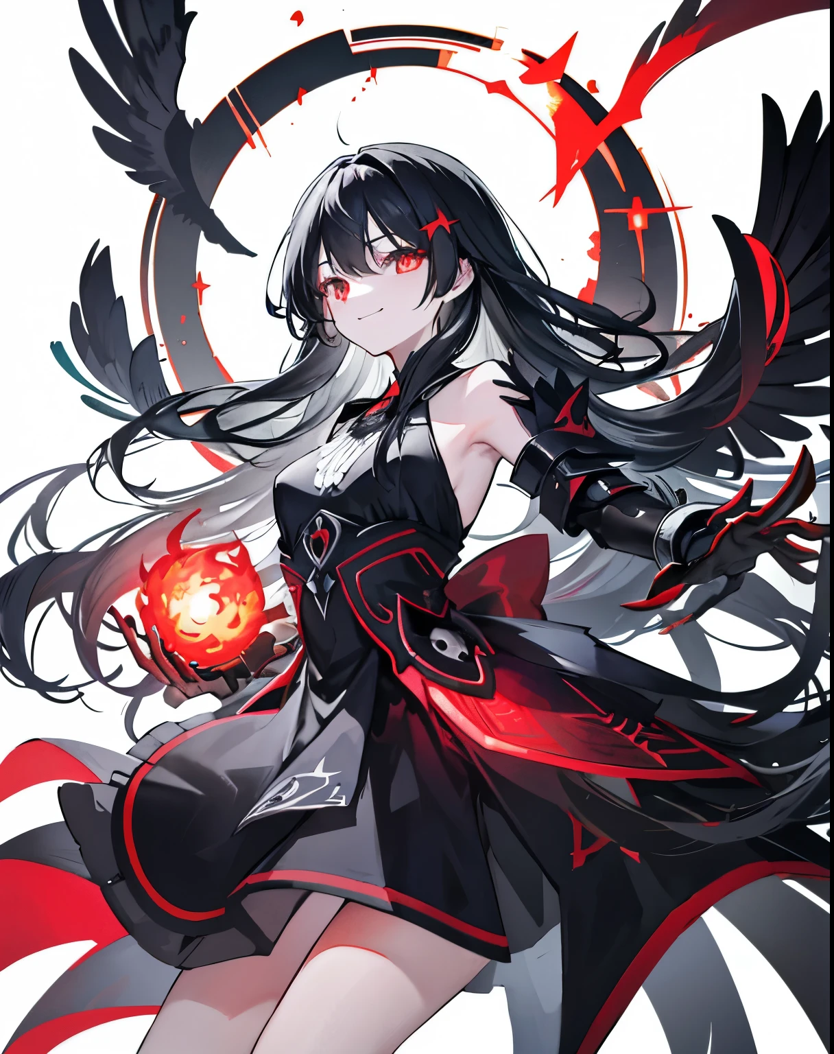girl,Long Black Hair,masterpiece, highest quality, Super detailed, Downcast eyes,Tabletop, highest quality), (Perfect athletic body:1.2),8K High Resolution, Trend Art Station, White Background, Standing in the Wilderness,whole body、Equipped with Crow Gauntlets、triumphant smile、Small breasts、, As if smoke and shadows were given shape, Wings made from giant crows, Dancing crow feathers, Many glowing red eyes, Shadow Claw, Supernatural Lightning and Fire, ((Eight-pointed star symbol)), 8K High Resolution, Trend Art Station, whole body,Black Feather Gothic Dress、A whirlpool of countless red-eyed crows、Nuclear energy