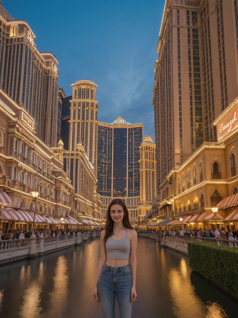 her name is Elle, high quality, 1girl, ((20-year-old fit Caucasian woman)), ((20 years old)), ((fit)), ((pale skin)), short length straight dark hair , wearing Grey Halter Neck Crop Top + High-Waisted Wide-Leg Jeans, pose: standing, background: Capture the bustling ambiance of the Las Vegas Strip, with its glittering casinos, iconic landmarks like the Bellagio fountains, and crowds of tourists enjoying the vibrant nightlife.