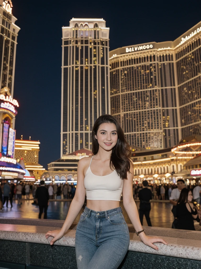 her name is Elle, high quality, 1girl, ((20-year-old fit Caucasian woman)), ((20 years old)), ((fit)), ((pale skin)), short length straight dark hair , wearing Grey Halter Neck Crop Top + High-Waisted Wide-Leg Jeans, pose: standing, background: Capture the bustling ambiance of the Las Vegas Strip, with its glittering casinos, iconic landmarks like the Bellagio fountains, and crowds of tourists enjoying the vibrant nightlife.