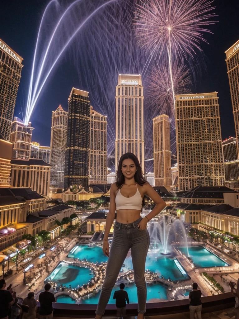 her name is Elle, high quality, 1girl, ((20-year-old fit Caucasian woman)), ((20 years old)), ((fit)), ((pale skin)), short length straight dark hair , wearing Grey Halter Neck Crop Top + High-Waisted Wide-Leg Jeans, pose: standing, background: Capture the bustling ambiance of the Las Vegas Strip, with its glittering casinos, iconic landmarks like the Bellagio fountains, and crowds of tourists enjoying the vibrant nightlife.