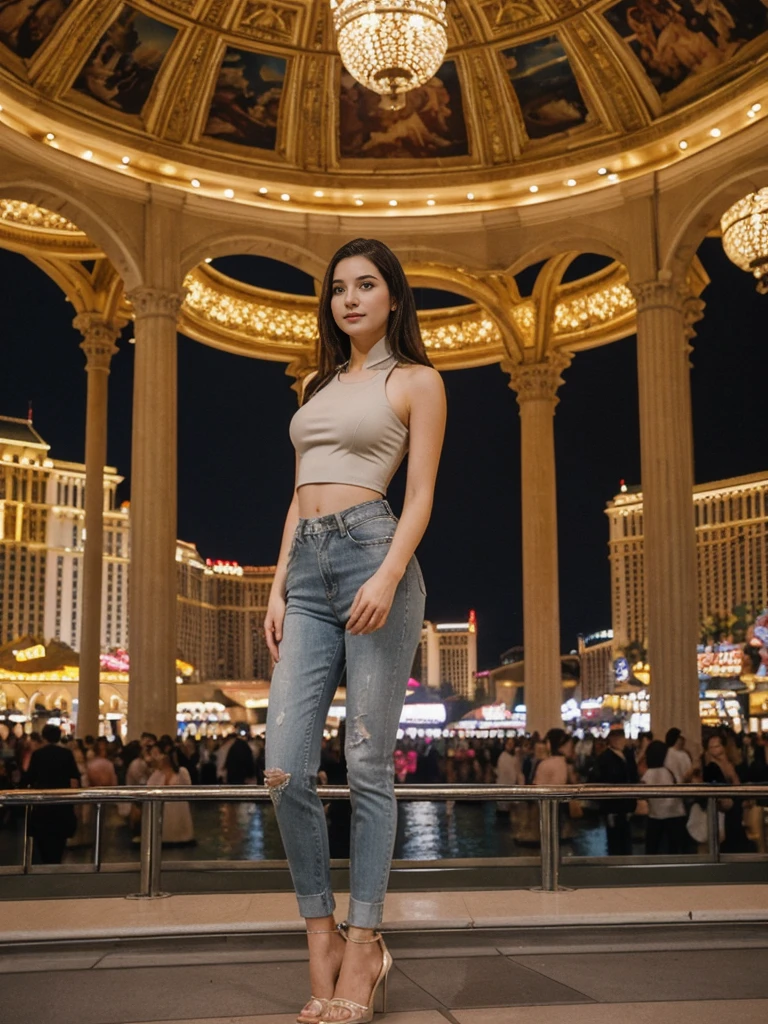 her name is Elle, high quality, 1girl, ((20-year-old fit Caucasian woman)), ((20 years old)), ((fit)), ((pale skin)), short length straight dark hair , wearing Grey Halter Neck Crop Top + High-Waisted Wide-Leg Jeans, pose: standing, background: Capture the bustling ambiance of the Las Vegas Strip, with its glittering casinos, iconic landmarks like the Bellagio fountains, and crowds of tourists enjoying the vibrant nightlife.