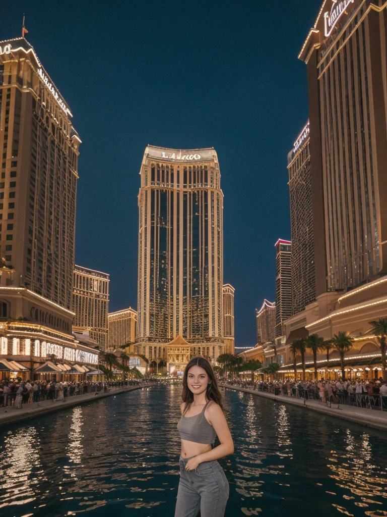 her name is Elle, high quality, 1girl, ((20-year-old fit Caucasian woman)), ((20 years old)), ((fit)), ((pale skin)), short length straight dark hair , wearing Grey Halter Neck Crop Top + High-Waisted Wide-Leg Jeans, pose: standing, background: Capture the bustling ambiance of the Las Vegas Strip, with its glittering casinos, iconic landmarks like the Bellagio fountains, and crowds of tourists enjoying the vibrant nightlife.