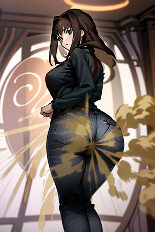 masterpiece, 最高masterpiece, High Resolution, One girl, pooping, right, long hair, brown hair, black shirt, red dress, long sleeves, black pantyhose, Aozaki Aoko, farting, Ass, hyper Ass, huge Ass, jeans,