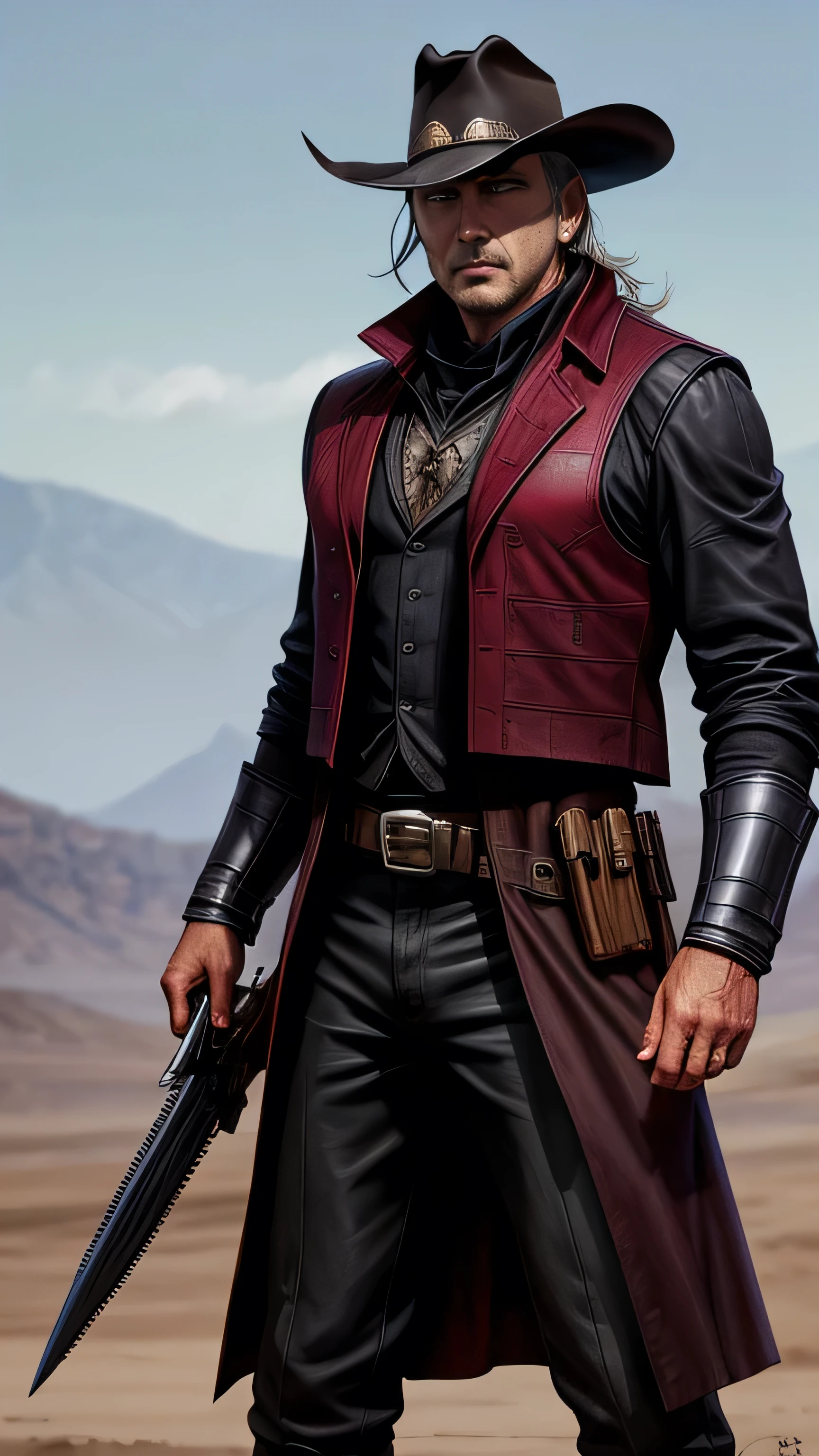 (Kevin Costner) as Erron Black from Mortal Kombat, maroon cowboy outfit, cowboy hat, black ninja mask, (2 revolvers), 1man, solo, full body view, front view, looking at viewer, intricate, high detail, sharp focus, dramatic, photorealistic painting art by greg rutkowski