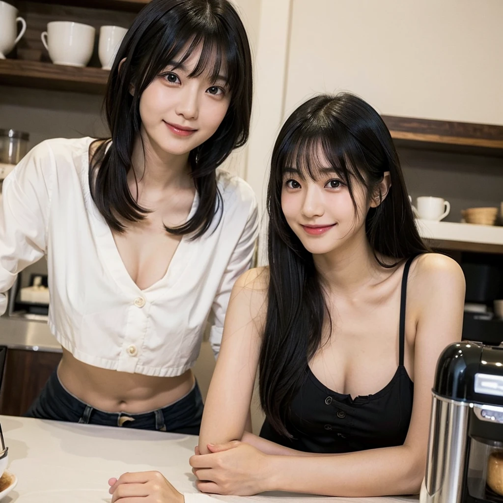 solo, Japanese woman, H cup, cute, erotic, model's expression, cafe clerk, black straight hair, straight bangs, oval face, large round dark eyes, small well-shaped nose, small full lips, warm smile, thin neat eyebrows, clean and approachable aura,