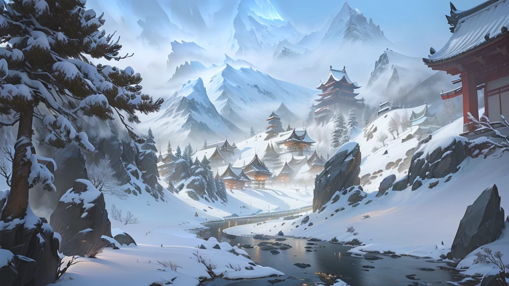 Snowy mountain scenery with a stream and a pagoda in the distance, Winter concept art, Onmyoji detailed art, Blizzard concept art, 暴雪Game concept art, Blizzard concept artist, Snowfield, Onmyoji, Blizzard Hearthstone concept art, snow wasteland, snowy environment, Game concept art, dota matte concept art, Traditional Japanese concept art