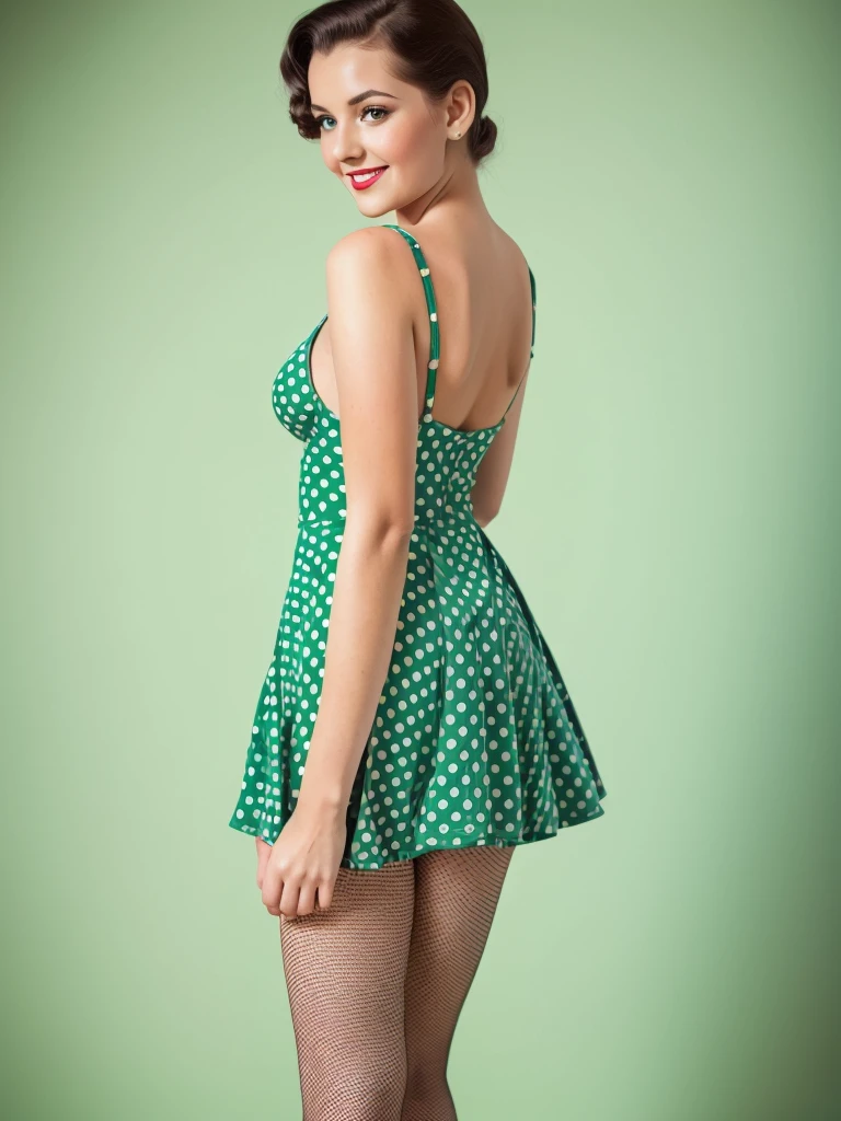 35mm photography front centered composition girl stands with her back tilted forward smiling playfully posing sexy pin up dressed in a green polka dot dress in pinup style white background beautiful eyes, perfect skin, detailed skin, big, beautiful fingers and nails , (4K, ultra detailed) stockings on legs professional studio photography