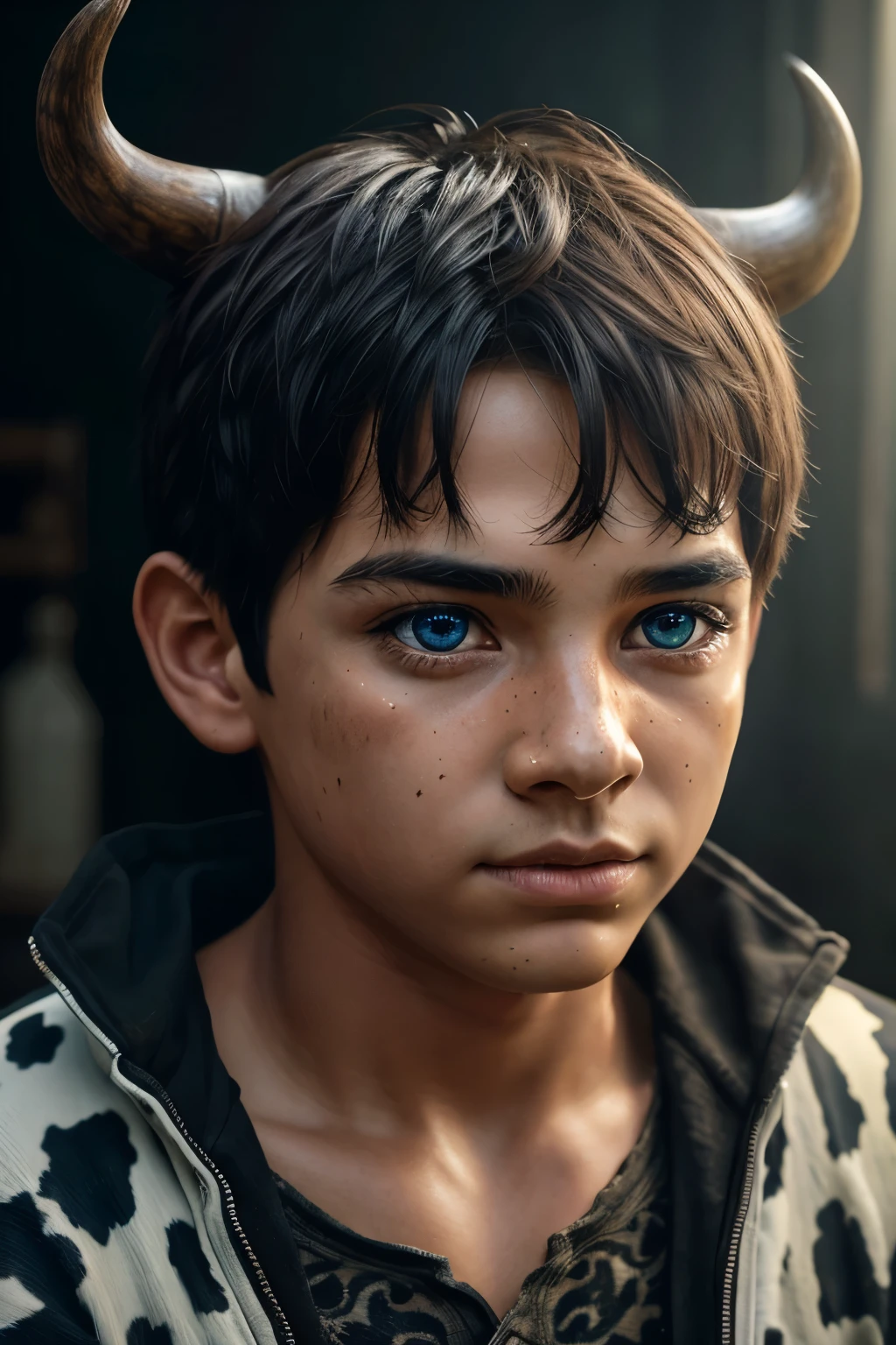 a young boy transforming into a cow, extremely detailed, beautiful eyes, detailed face, intricate details, photorealistic, cinematic lighting, highly detailed, 8k, masterpiece, hyper realistic, digital art, surreal, fantasy, whimsical, dynamic pose, detailed texture, vibrant colors, dramatic lighting
