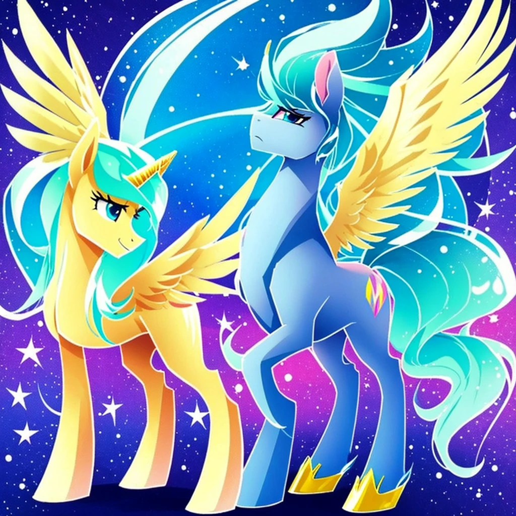 Draw a character in the style of My Little Pony so that he stands sideways and has a beautiful mane, I want him to be Pegasus . It is necessary that the mane be even and precise, and up to three colors. No background, just one pony 