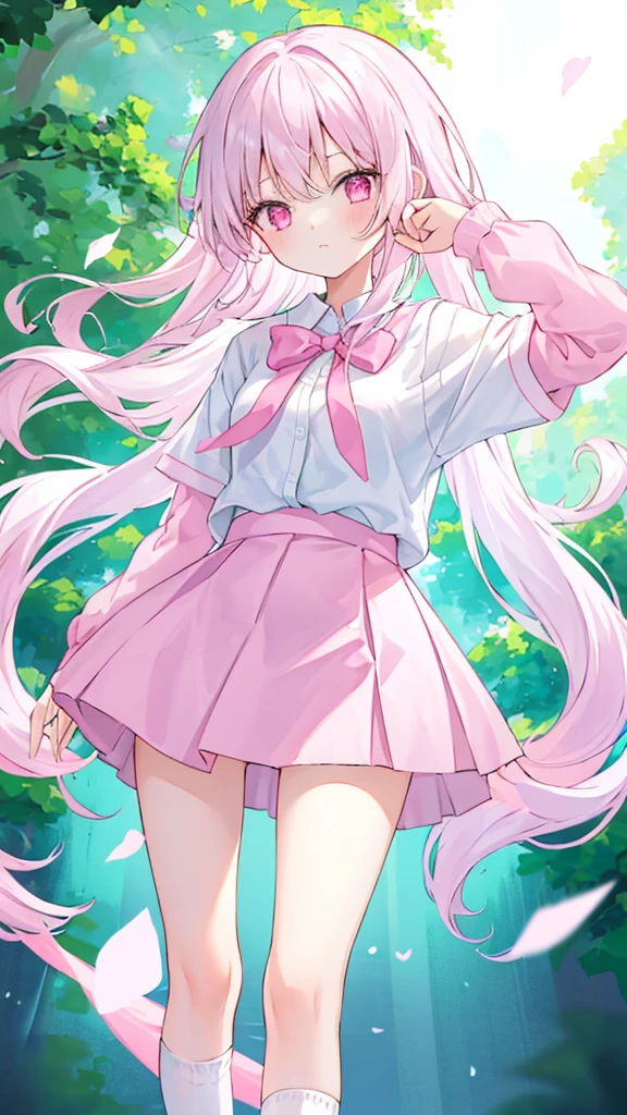 1 girl, pastel color, white long straight hair, straight bangs, wearing white pink seifukuu, wearing pink skirt, long white socks, cool pose, perfect lighting, pink ribbon on her hair.